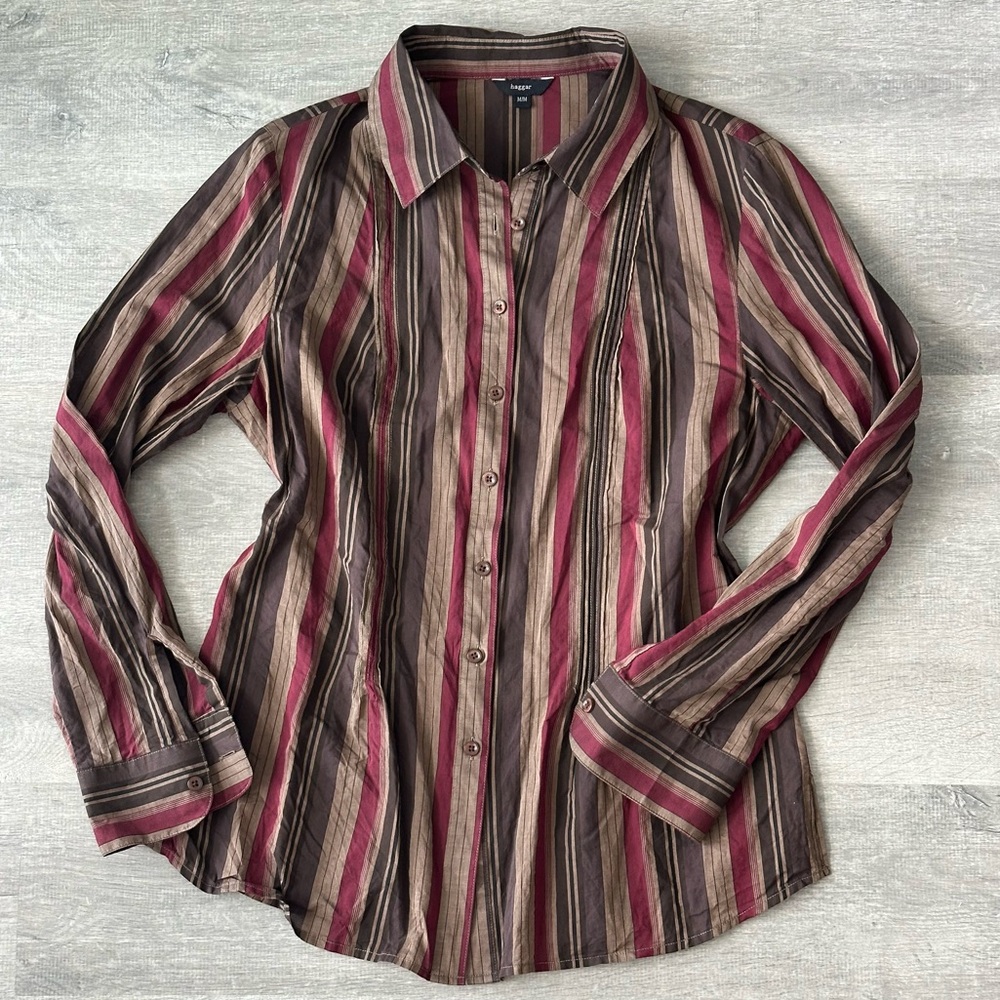 Vintage Haggar Brown Men’s Striped Button-Up Shirt